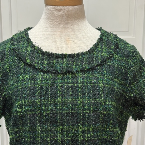 Eliza J sz 12 metallic green tweed holiday dress with black bows/rhinestones - Picture 4 of 13